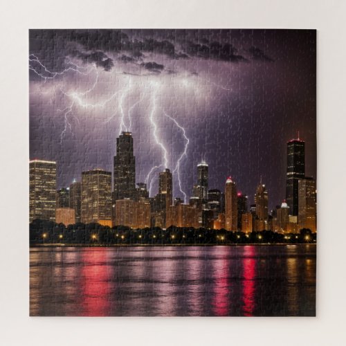 Chicago City nighttime lightning jigsaw puzzle