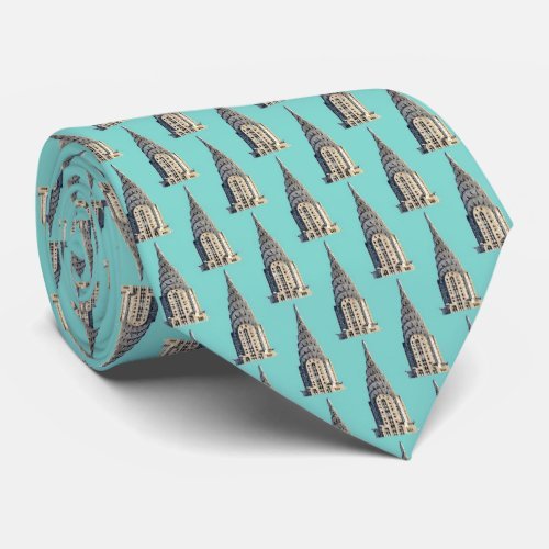 Vibrant coloured necktie featuring a pattern design of the Chrysler Building