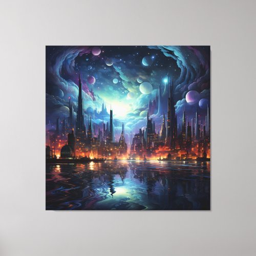 Futuristic and eye catching print design featuring tall skyscrapers and vibrant neon textures
