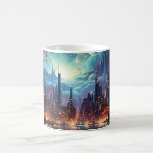 A coffee mug featuring a colorful design of a futuristic metropolis