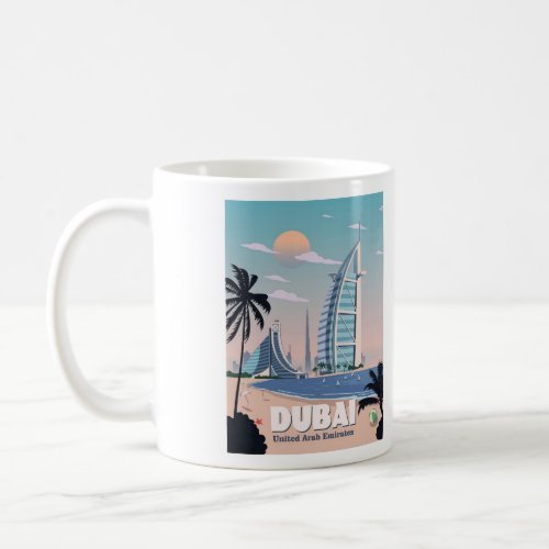 A coffee mug featuring a coastal depiction of Dubai and the skyline
