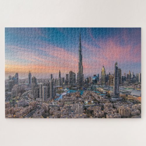 Jigsaw puzzle featuring the Dubai skyline with the Burj Khalifa in the foreground