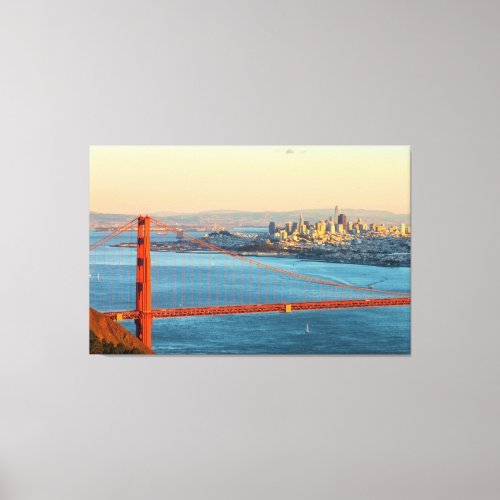 Stunning canvas design featuring a photograph of the Golden Gate Bridge and the San Francisco skyline at sunset