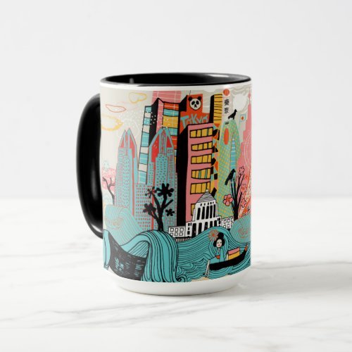 Mug that features a colorful artistic design of the Tokyo skyline