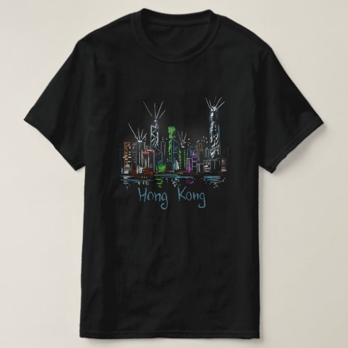 Trending Hong Kong t-shirt that features a coool sketch of the colorful skyline