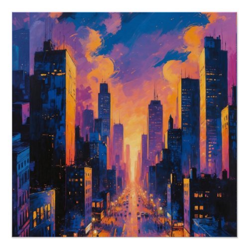 Vibrant print that features a vibrant painting of a skyline with neon colors