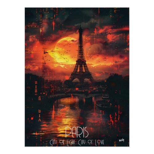 Poster depicting a fiery evening in Paris featuring the Seine and the Eiffel Tower