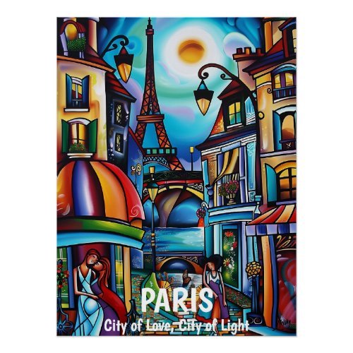 Colorful poster featuring a Parisian street and the Eiffel Tower