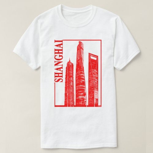 T-shirt featuring Shanghai's three tallest skyscraper in a neat red design