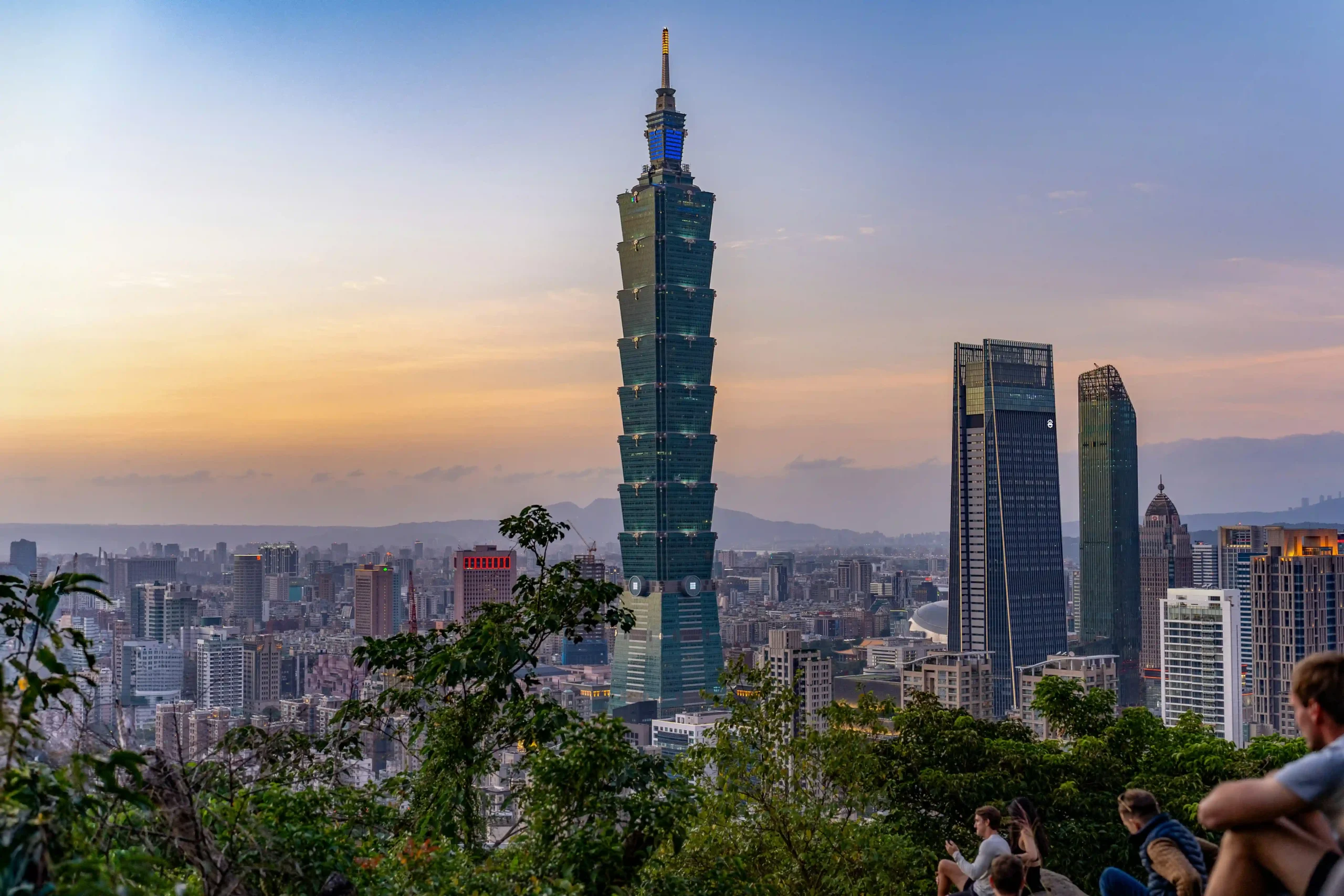 Taipei 101 in Taiwan. Beautiful sunset in the city featuring the 508m tall skyscraper