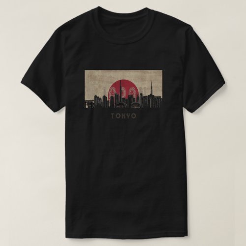 T-shirt featuring a silhouette of the Tokyo skyline with a Japanese flag in the backdrop