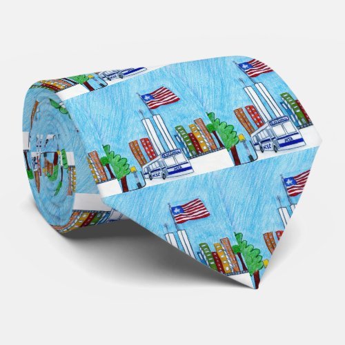 Necktie with a vibrant cartoon depiction of the New York City skyline with the Twin Towers
