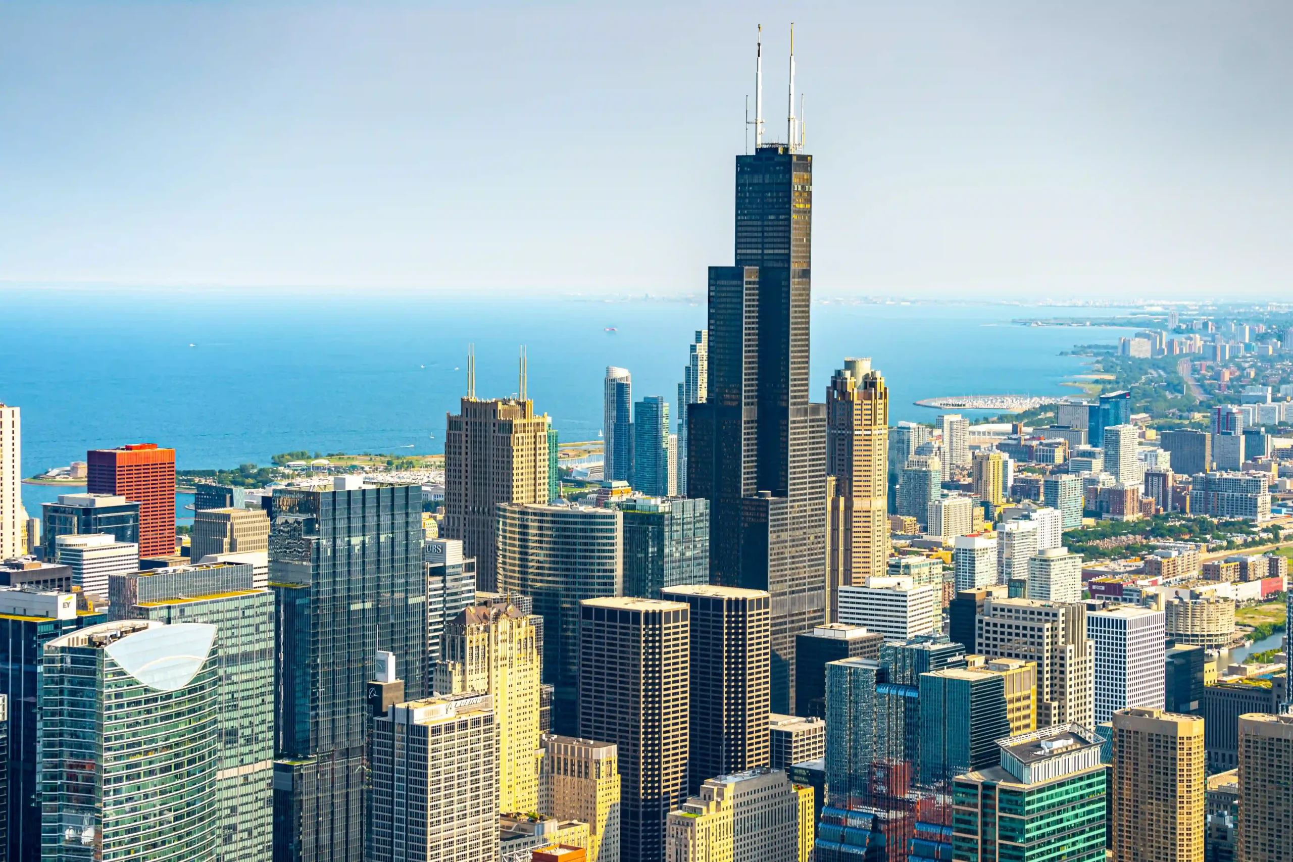 Willis Tower featured in the Chicago skyline on a beautiful, sunny day.