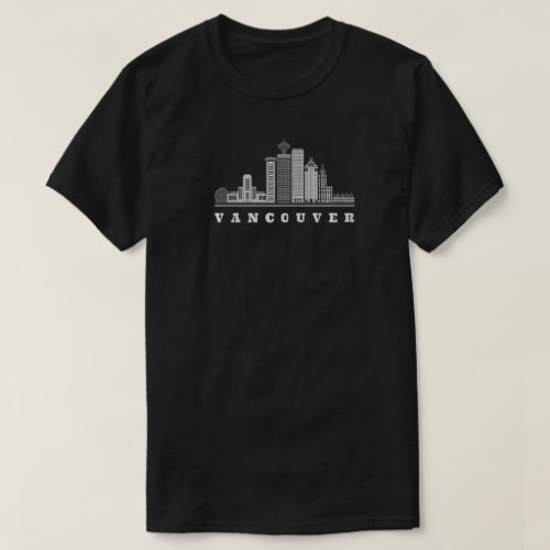 Vancouver skyline t-shirt featuring city names and a title